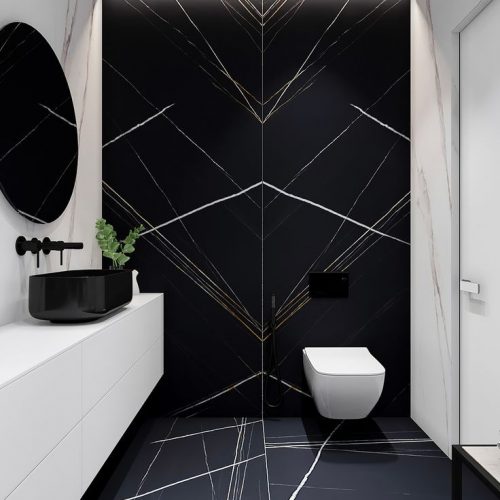 Top End Tiling Northshore project: Premium black and marble-look tiling service for modern bathrooms.